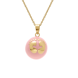 COLLIER ACIER DORE  BOLA DE GROSSESSE ROND 21MM RÉSINE ROSE ET MOTIF PIED  90+20CM