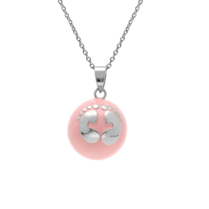 COLLIER ACIER  BOLA DE GROSSESSE ROND 21MM RÉSINE ROSE ET MOTIF PIED  90+20CM