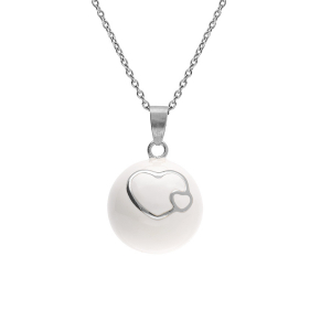 COLLIER ACIER  BOLA DE GROSSESSE ROND 21MM RÉSINE BLANCHE ET COEURS  90+20CM