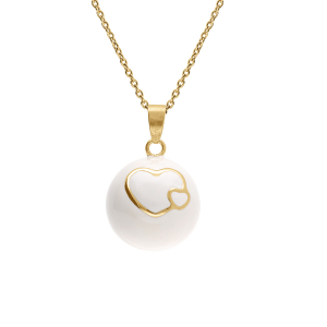 COLLIER ACIER DORÉ BOLA DE GROSSESSE ROND 21MM RÉSINE BLANCHE ET COEURS  90+20CM