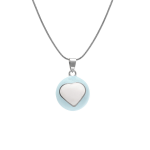COLLIER ACIER  BOLA DE GROSSESSE ROND 21MM RÉSINE BLEU CIEL ET COEUR BLANC  90+20CM