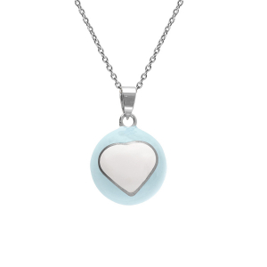 COLLIER ACIER  BOLA DE GROSSESSE ROND 21MM RÉSINE BLEU CIEL ET COEUR BLANC  90+20CM