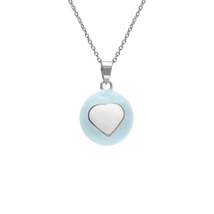 COLLIER ACIER  BOLA DE GROSSESSE ROND 21MM RÉSINE BLEU CIEL ET COEUR BLANC  90+20CM