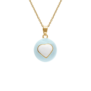 COLLIER ACIER DORÉ BOLA DE GROSSESSE ROND RÉSINE 21MM BLEU CIEL ET COEUR BLANC  90+20CM