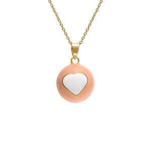 COLLIER ACIER DORÉ BOLA DE GROSSESSE ROND 21MM RÉSINE ROSE ET COEUR BLANC  90+20CM