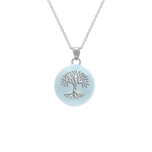 COLLIER ACIER  BOLA DE GROSSESSE ROND 21MM ARBRE DE VIE RÉSINE BLEU CIEL 90+20CM