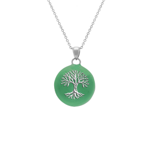COLLIER ACIER  BOLA DE GROSSESSE ROND 21MM ARBRE DE VIE RÉSINE VERTE 90+20CM