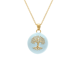 COLLIER ACIER DORÉ BOLA DE GROSSESSE ROND 21MM ARBRE DE VIE ET RÉSINE BLEU CIEL 90+20CM