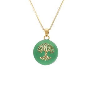 COLLIER ACIER DORÉ BOLA DE GROSSESSE ROND 21MM ARBRE DE VIE ET RÉSINE VERTE 90+20CM