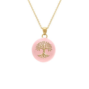 COLLIER ACIER DORÉ BOLA DE GROSSESSE ROND 21MM ARBRE DE VIE ET RÉSINE ROSE 90+20CM