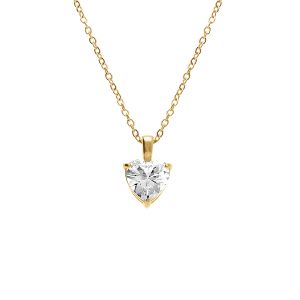 COLLIER ACIER DORÉ PENDENTIF FORME COEUR OXYDE BLANC SERTI  0.88CM X 0.86CM 38+5CM