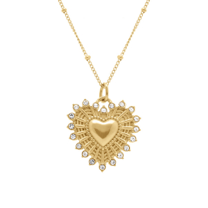 COLLIER ACIER DORÉ PENDENTIF COEUR EX-VOTOS 22MM CONTOUR OXYDES BLANCS 45+5CM