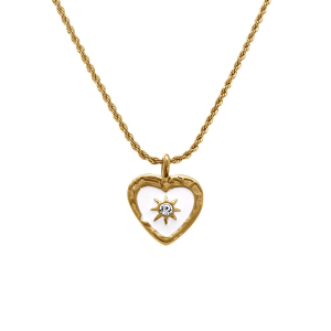 COLLIER ACIER DORÉ PENDENTIF COEUR 19X23MM RÉSINE BLANCHE ET ETOILE DU NORD OXYDE BLANC 45+5CM