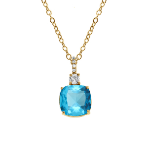 COLLIER ACIER DORÉ PENDENTIF CARRÉ BLEU CIEL 47+5CM