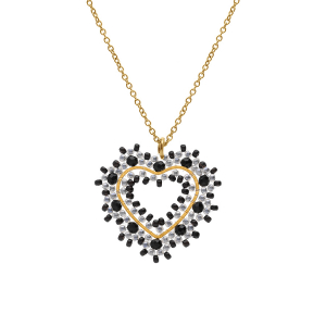 COLLIER ACIER DORÉ PERLES DE SOLEIL PENDENTIF FORME COEUR NOIR 42+10CM
