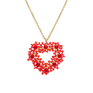 COLLIER ACIER DORÉ PERLES DE SOLEIL PENDENTIF FORME COEUR  ROUGE
