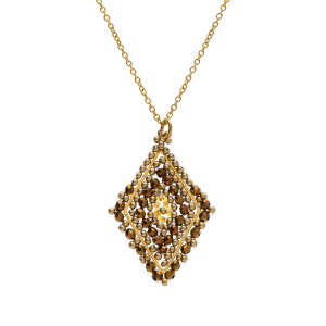 COLLIER ACIER DORÉ PERLES DE SOLEIL PENDENTIF FORME LOSANGE 42+10CM