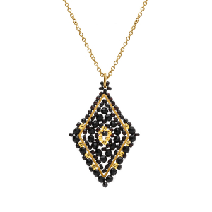 COLLIER ACIER DORÉ PERLES DE SOLEIL PENDENTIF FORME LOSANGE NOIR 42+10CM