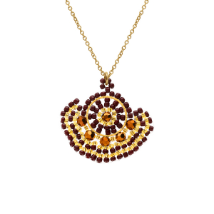 COLLIER ACIER DORÉ PERLES DE SOLEIL  PENDENTIF FORME COULEUR CHOCOLAT 42+10CM