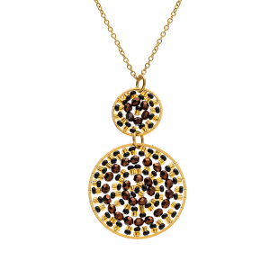 COLLIER ACIER DORÉ PERLES DE SOLEIL PENDENTIF FORME COULEUR CHOCOLAT 42+10CM
