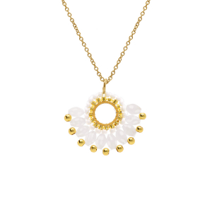 COLLIER ACIER DORÉ PERLES DE SOLEIL PENDENTIF FORME EVENTAIL BLANC 42+10CM