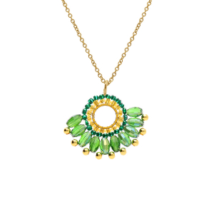 COLLIER ACIER DORÉ PERLES DE SOLEIL PENDENTIF FORME EVENTAIL VERT 42+10CM