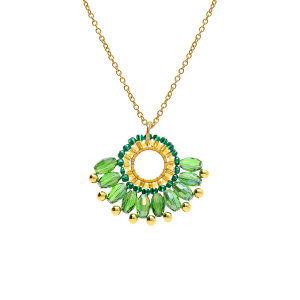 COLLIER ACIER DORÉ PERLES DE SOLEIL PENDENTIF FORME EVENTAIL VERT 42+10CM