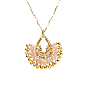 COLLIER ACIER DORÉ PERLES DE SOLEIL PENDENTIF FORME 42+10CM