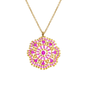 COLLIER ACIER DORÉ PERLES DE SOLEIL PENDENTIF FORME ROND COULEUR FUSHIA 42+10CM