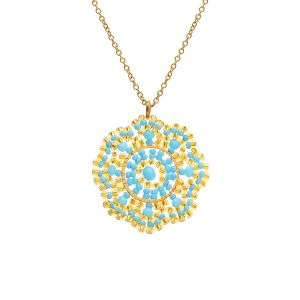 COLLIER ACIER DORÉ PERLES DE SOLEIL PENDENTIF COULEUR TURQUOISE 42+10CM