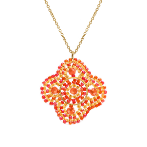 COLLIER ACIER DORÉ PERLES DE SOLEIL PENDENTIF FORME FLEUR CORAIL 42+10CM