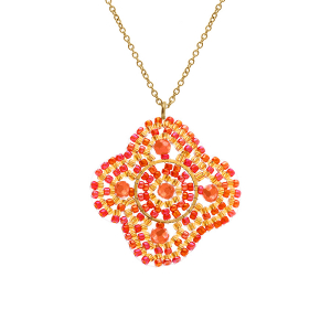 COLLIER ACIER DORÉ PERLES DE SOLEIL PENDENTIF FORME FLEUR CORAIL 42+10CM