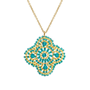 COLLIER ACIER DORÉ PERLES DE SOLEIL PENDENTIF FORME FLEUR COULEUR TURQUOISE 42+10CM