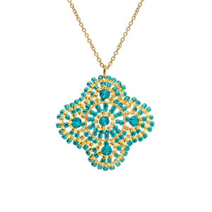 COLLIER ACIER DORÉ PERLES DE SOLEIL PENDENTIF FORME FLEUR COULEUR TURQUOISE 42+10CM