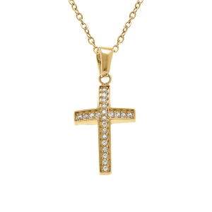 COLLIER ACIER DORÉ CROIX 17MM X 10MM  OXYDES BLANCS SERTIS 40+5CM