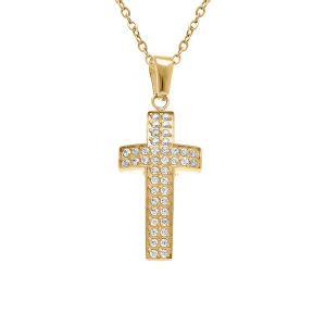 COLLIER ACIER DORÉ CROIX 20MM X 10MM  OXYDES BLANCS SERTIS 40+5CM