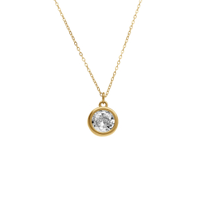 COLLIER ACIER DORÉ PENDENTIF ROND OXYDE BLANC  47+5CM