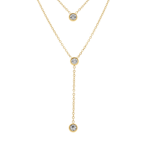 COLLIER ACIER DORÉ FORME Y DOUBLE RANG AVEC 3 OXYDES BLANCS SERTIS 38+4CM