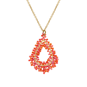 COLLIER ACIER DORÉ PERLES DE SOLEIL PENDENTIF FORME GOUTTE COULEUR CORAIL  42+10CM
