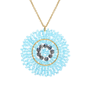 COLLIER ACIER DORÉ PERLES DE SOLEIL PENDENTIF ROND  45MM  42+10CM