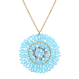 COLLIER ACIER DORÉ PERLES DE SOLEIL PENDENTIF ROND  45MM  42+10CM
