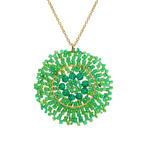 COLLIER ACIER DORÉ PERLES DE SOLEIL PENDENTIF ROND  45MM  42+10CM