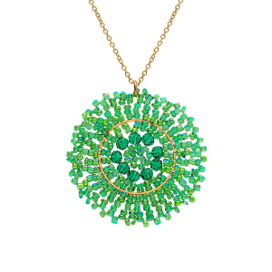 COLLIER ACIER DORÉ PERLES DE SOLEIL PENDENTIF ROND  45MM  42+10CM