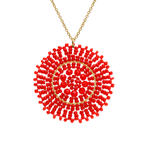 COLLIER ACIER DORÉ PERLES DE SOLEIL PENDENTIF ROND  45MM  42+10CM