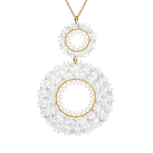 COLLIER ACIER DORÉ PERLES DE SOLEIL PENDENTIF ROND  45MM  42+10CM