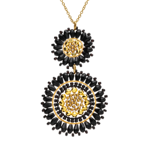 COLLIER ACIER DORÉ PERLES DE SOLEIL PENDENTIF  42+10CM