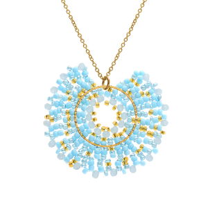 COLLIER ACIER DORÉ PERLES DE SOLEIL PENDENTIF 42+10CM