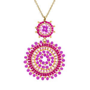 COLLIER ACIER DORÉ PERLES DE SOLEIL PENDENTIF 2 RONDS  42+10CM
