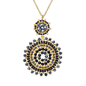 COLLIER ACIER DORÉ PERLES DE SOLEIL PENDENTIF 2 RONDS 42+10CM