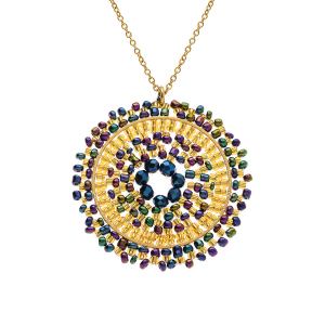 COLLIER ACIER DORÉ PERLES DE SOLEIL PENDENTIF ROND 42+10CM